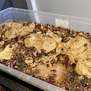 Adding the batter to the fruit and nuts—making the  batter had to be done in batches, as my stand mixer wasn't large enough otherwise.
